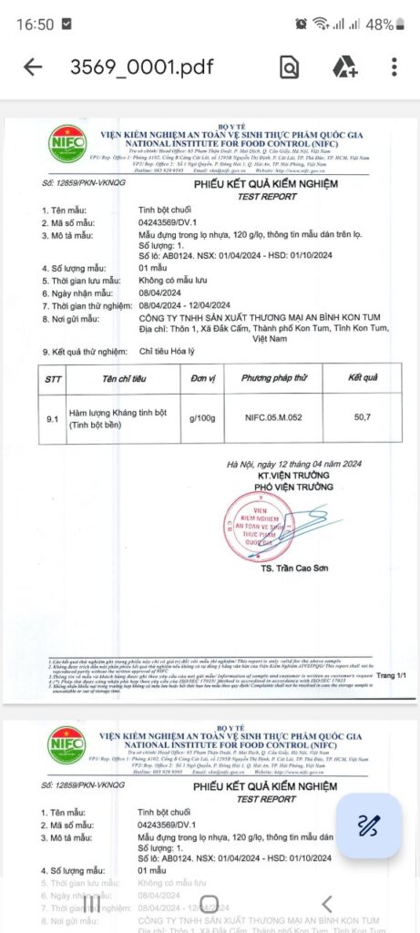 giấy kiểm nghiệm hàm lượng kháng tinh bột 50,7%